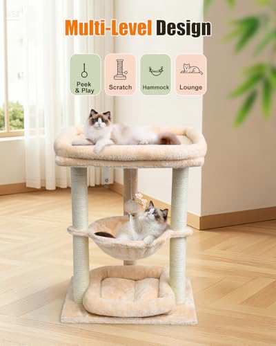 SYANDLVY Small Cat Tree for Indoor Cats with Top Perch Hammock & Bottom Bed - color: Beige
