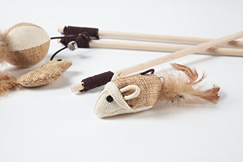 Cat Teaser Cat Kitten Toys Set Natural Sisal Wand Teasers with Mouse, Bell, Feather, Elastic String, and Sturdy Wood Rod - size: 3 PCS