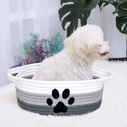 Small Woven Dog Toy Basket with Handle, Cute Paw - color: 3 Color-White Grey