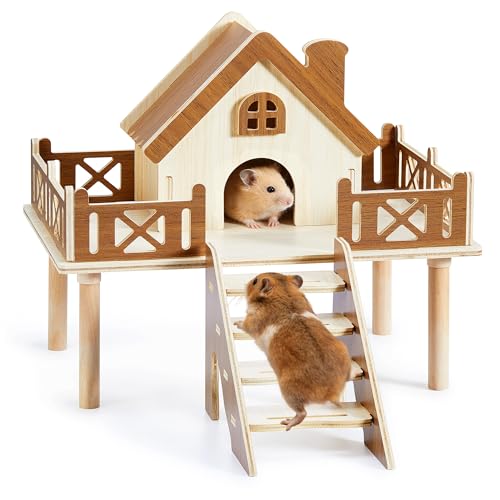 Wooden Hamster Platform and Cute Habitat House with Climbing Ladder - color: platform & house