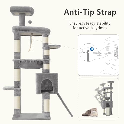 Heybly 64.2" Heavy-Duty Cat Tree for Large Cats with Wide Base HCT027W - color: Light Gray, size: 64.2 inch
