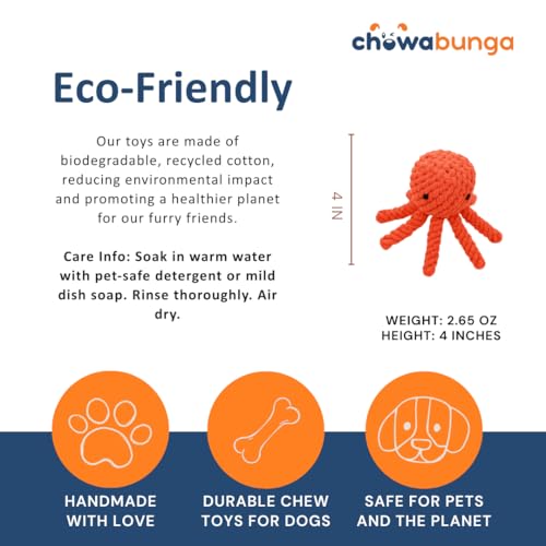 Ollie the Octopus Dog Toy Tough Handmade Eco Cotton Rope Dog Toy Octopus Durable with Natural Non Toxic Dyes - Dog Octopus Toy Aggressive Chewers for Small Dogs, Puppy Toys (Orange, Small)