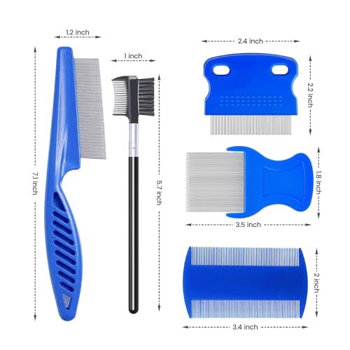 MEDUWEDU 5 Pack Flea & Lice Comb Set for Cats, Dogs & Kids – Stainless Steel Fine Tooth Nit Comb Kit with Double-Sided Tear Stain Remover, Grooming Brush & Peine para Piojos for Thick Hair (Blue) - color: Blue
