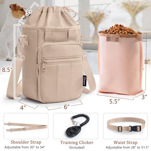Stylish Dog Training Treat Pouch with Waist & Shoulder Strap, Dog Treat Bag for Walking and Training, Removable Waterproof Liner, Drawstring Treat Holder with Front Pocket & Clicker - color: Camel