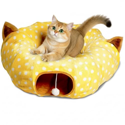 AUOON Cat Donut Tunnel with Bed for Kitten Puppy Rabbit Ferret, Yellow - color: Yellow