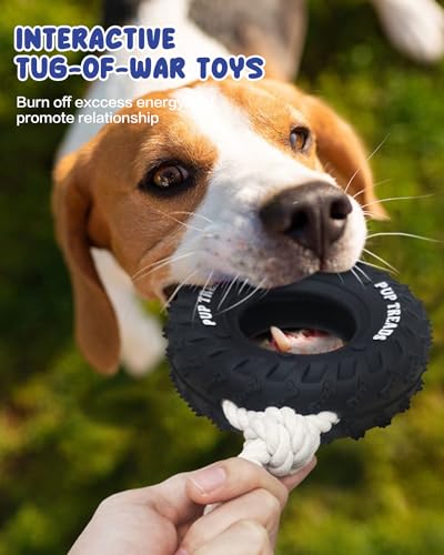 SCHITEC Dog Chew Toy with Rubber Tire & Tug of War Rope for Medium Large Dogs Aggressive Chewers, Interactive Fetch Play Treat Dispenser Pull Toys - color: Black