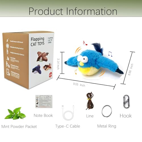 Interactive Chirping Bird Cat Toys with Flapping Wings,No Flying Birds Cats Toy, Flying Simulation Electric Sparrow Shaking Hunting Pet Toy for Indoor (Blue Ugly) - color: Blue Ugly