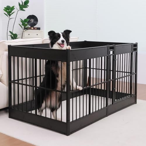 Furniture Style Dog Playpen, 32" Tall Indoor Dog Pen with Wood Panels - color: Black, style: 6 Panels (31.5" High)