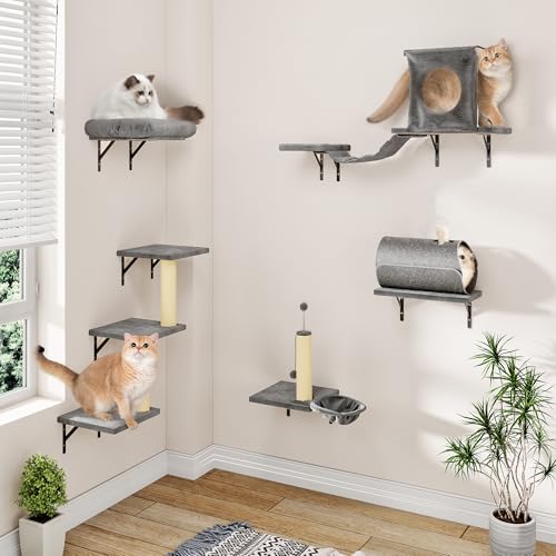 7-in-1 Cat Wall Shelves, Space-Saving Wall Mounted Cat Shelves - color: Gray