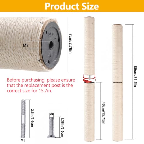 4 Pack M8 Cat Scratching Post Replacement, 15.7 in Sisal Posts