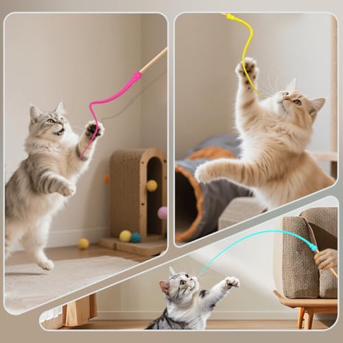 Cat Wand Toy,Cat Toy Wand,Cat Toy on Stick 3 PCS Silicone Ultra-Light Durable Tail Non Feather Teaser Used for Stress Relief (Colorful Styles)