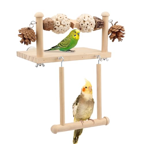 Litewoo Wooden Bird Swing Perch Platform with Chew Toys for Parrot, B - color: Two Sola Balls