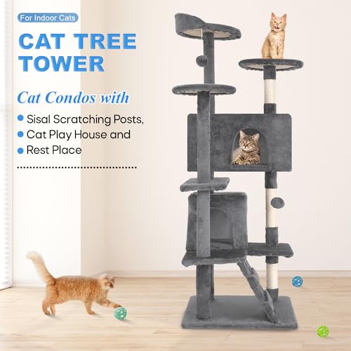 FDW | 54" Cat Tree Tower | Light Gray | Multi-Level Indoor Activity Center - color: Light Gray
