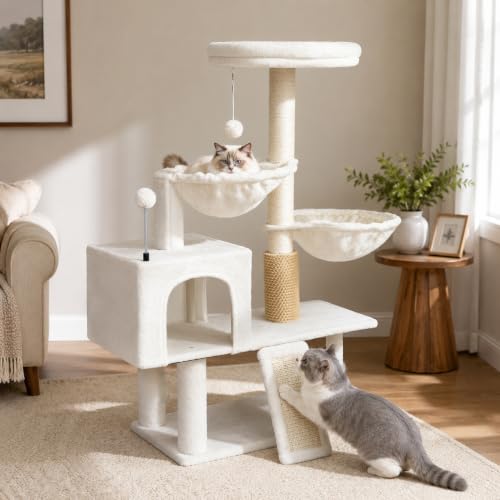 Smouatou Cat Tree with Cat Condo and Two Hammocks, Cat Tower with Scratching Posts and Scratching Pads Cat Toys, Beige - color: Beige2, size: Small