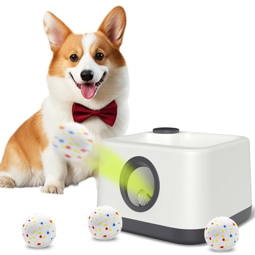 Automatic Dog Ball Launcher, Dual Auto-Manual Modes with Dog Barking Sound, Interactive Dog Fetch Toy, 3 Adjustable Distances, Dog Balls Thrower for Small & Medium Dogs, with 4 Durable ETPU Balls - color: White and Gray