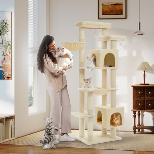 PETEPELA 69" Tall Cat Tower with Hammock & Scratching Posts, Beige - color: Beige, size: 69 Inches