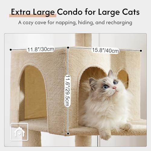 XXL Cat Tree Tower 70”with Oversized Bed, Hammock, 2 Condos - color: Beige, size: XXL-70"