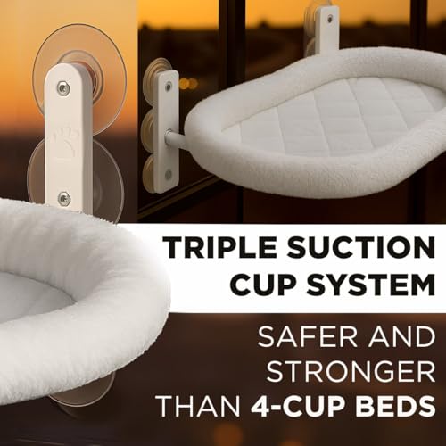 Cat Window Perch – Strong 6 Suction Cup Foldable Cat Hammock Bed for Large Cats and Kittens that Holds up to 50 lbs with Washable Reversible Cover, Sturdy Metal Frame for Window (White) - color: White