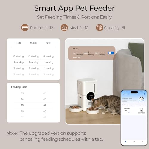 Automatic Cat Feeder for 3 Cats, 6L 2.4G WiFi Feeder, Slow Feed, Warm White - color: Warm White