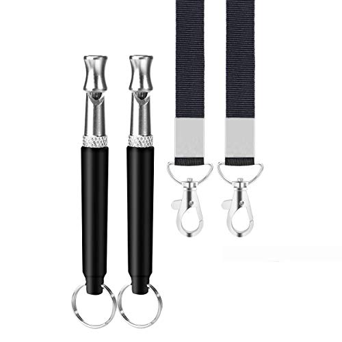 Dog Whistle to Stop Barking, 2 Pack Ultrasonic Silent Adjustable Training Whistle with Lanyard (Black)