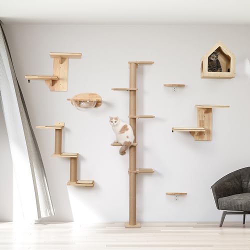 FUKUMARU Cat Wall Shelves, 2 Platform Kitten Wall Furniture, Tree Shape Wall-Mounted Floating Shelf with Sisal Mat, Solid Rubber Wood Cats Perch for 16 Inch Drywall, Suitable for Climb, Play, Nap - color: Sisal mat