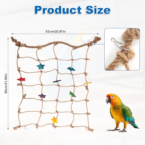Parrot Climbing Rope Net, 21.65x20.87in Colorful Star Design Bird Hammock Ladder Seagrass Mat Chew Toys with 4pcs Hooks Cockatiels Cage Accessories for Pigeons Cockatoos Parakeets