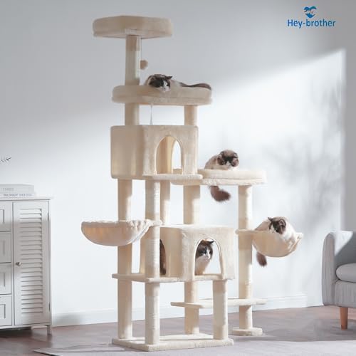 Hey-brother Cat Tree Tower with Stable Extended Base, 3 Platforms, MPJ038M - color: Beige