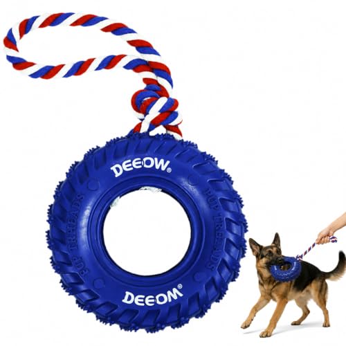 Deeow Tether Dog Tire Chew Toy for Teething & Treat Dispensing-Blue 6.3'' - size: With Rope
