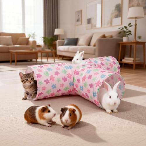 BWOGUE Bunny Tunnels & Tubes, 3-Way Collapsible Rabbit Hideout for Bunnies - color: Pinkflower