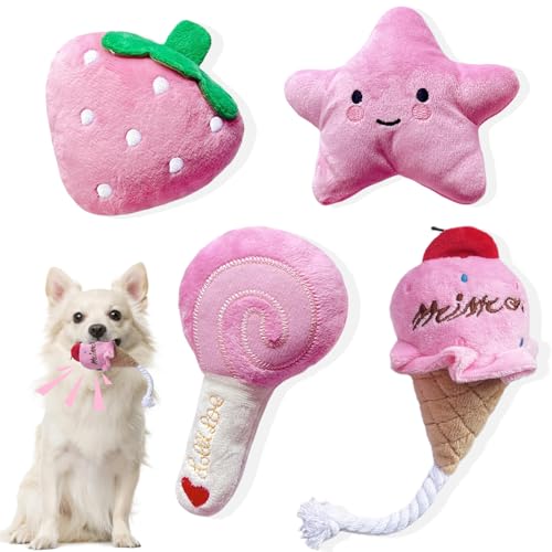 4-Pack Squeaky Plush Dog Toys for Small Dogs – Puppy Toys Gift Set, Soft Chew Toys for Chihuahua, Yorkie, Poodle | Pink Themed (Strawberry, Star, Ice Cream, Lollipop)