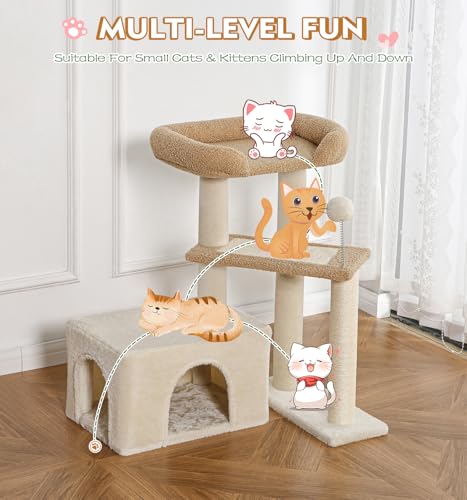 Made4Pets Cat Tree, Carpet Cat Tower Grey for Indoors Cats, Cute Wood Kitty Condo with Scratching Post and Pad, 29" Multi-Level Modern Activity Climbing Furniture for Small and Medium Cats - color: Buff Yellow