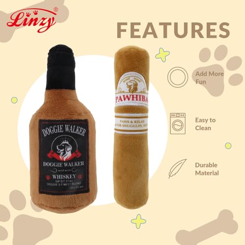 Linzy 2-Pack Whisky/Cigar Plush Dog Toy, Soft Squeaky Chew Toy for Small Medium Large Dogs, White, Interactive Pet Toy, 7 Inch