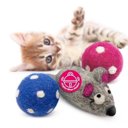 Love Ewe Wool Cat Toys 3 Pack, 5in Mouse w/Bell & 2in Ball - color: Mouse & ball