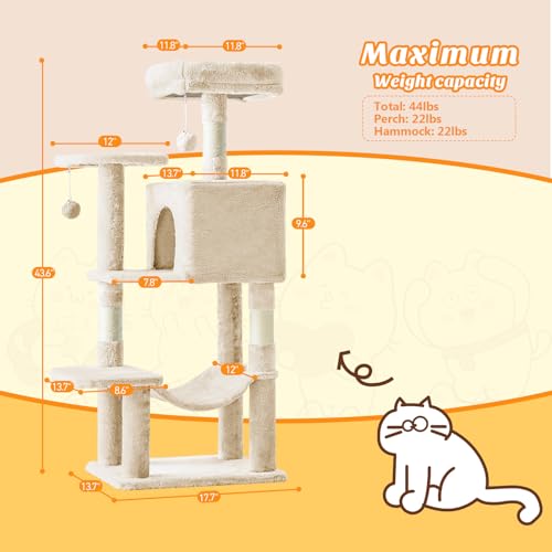 DUMOS Small 44 in Cat Tree Tower with Natural Sisal Scratching Posts - color: Beige, size: 43.6Inch