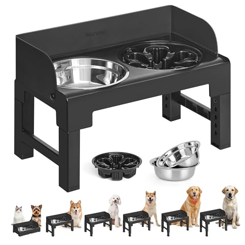 Feandrea Dog Bowls Elevated, Adjustable Height, Tilted Design - color: Ink Black, style: 1 Plastic Slow Bowl + 2 Stainless Basic Bowl