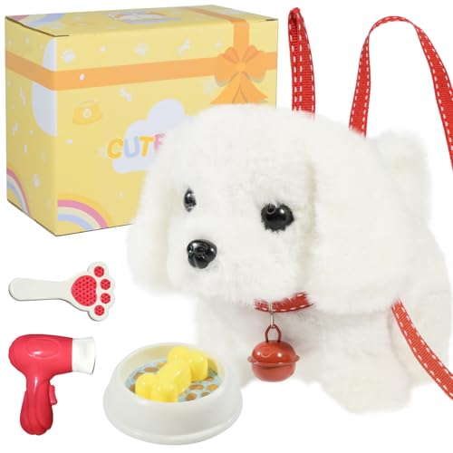 Plush Toys Walking Dog Toys that Can Walk, Bark and Wag Tail,Interactive Electronic Pet Toys Puppy with Leash,Easter Christmas Birthday Gift for Toddlers Kids - color: White Dog