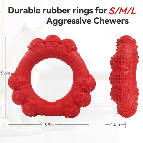 Indestructible Dog Chew Toys for Aggressive Chewers, Super Chewer Toys for Medium Large Dogs, Interactive Ring Toy, Heavy Duty Teething Toys - color: Red