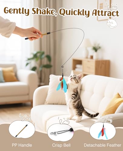 Pawaboo Cat Feather Wand Interactive Toy, 2 Feathers + 1 Wand with Bell - color: Blue + Red Brown