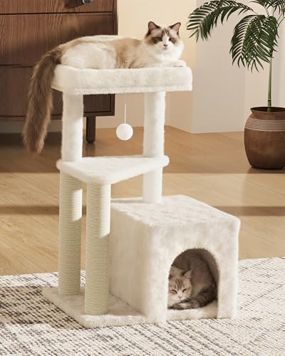 Cat Tree Tower for Indoor Cats, 33 Inches Multi-Level Cat Condo with Scratching Posts, Large Perch, Hanging Toy for Large Adult Cats, Beige - color: Beige