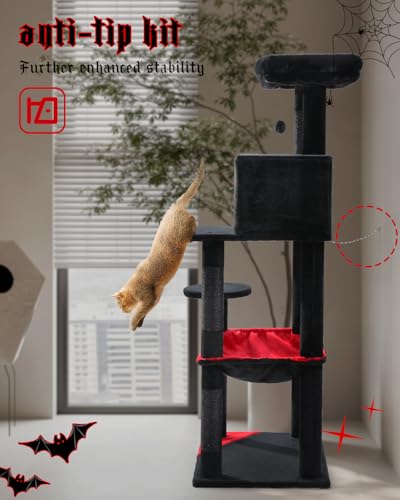 MUTTROS 56.3" Cactus Cat Tree with Metal Hammock, 6 Tiers, Black - color: Black, size: 56.3in
