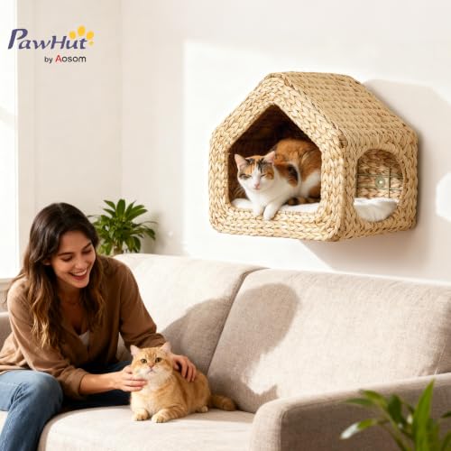 PawHut Wall Mounted Cat House Washable Cushion Indoor Kittens Natural