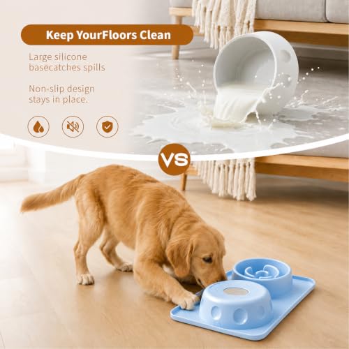 Slow Feeder Dog Bowl and Cat Water Bowl Set, 2 in 1 Pet Food and Water Bowl with Spill Proof Tray, Maze Puzzle Slow Eating Bowl for Cats and Dogs Blue - color: Blue, size: Double