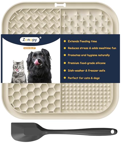 Licking Mat for Dogs & Cats with Suction Cups, 1 Pack Square Dog Slow Feeder Lick Pat for Anxiety Relief and Boredom, Dog Toys to Keep Them Busy, Pets Grooming Training Bathing Mat - color: Beige
