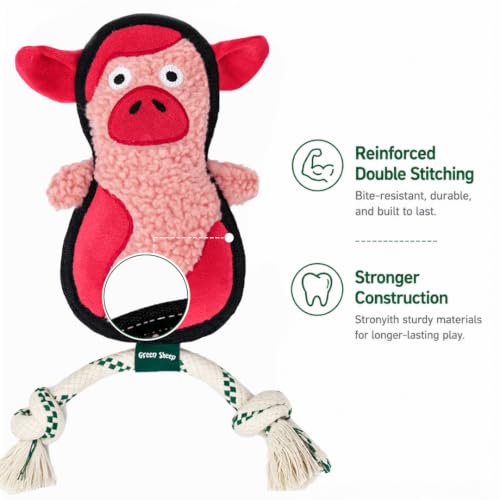 Green Sheep Squeaky Plush Dog Toy, Interactive Rope Toy with Recycled Materials for Tug, Fetch and Play, Medium to Large Dogs, Chew Toy, Pig - color: Pig