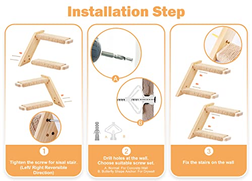 Cat Wall Steps 2-Pack, Two Step Cat Climbing Shelves, Wall-Mounted Reversible Stairway with Durable Sisal Scratching Rope, Ideal for Perching, Climbing, and Playing Furniture - color: 2 Pack 2 Steps