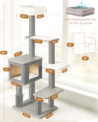 60" Heavy Duty Cat Tree, Tall Cat Tower for Large Cats, Grey