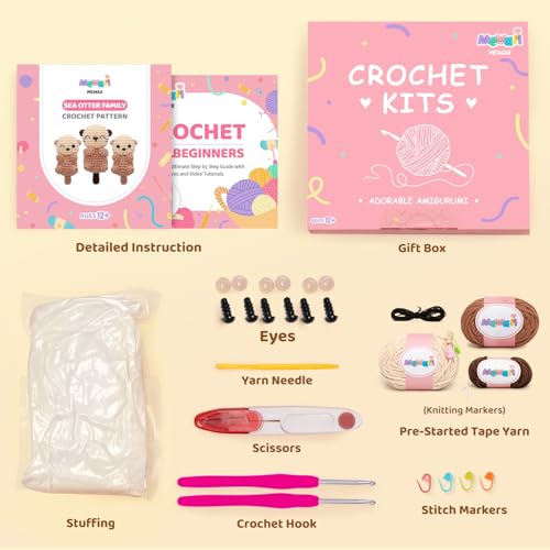 Mewaii Crochet Kit for Beginners, 3 Pack Sea Otter Craft Set - color: Light Brown