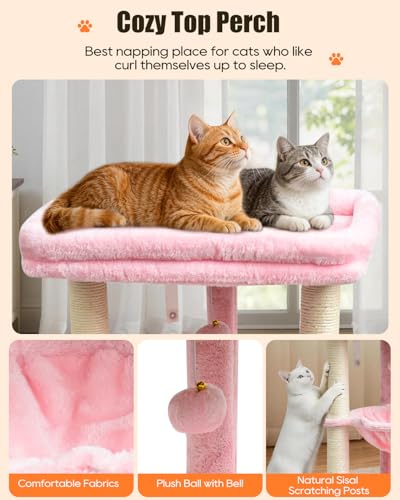 SYANDLVY Small Cat Tree for Indoor Cats with Top Perch Hammock & Bottom Bed - color: Pink