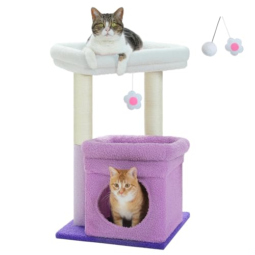 PEQULTI Small Cat Tree Tower for Indoor Cats, Sisal Post&Cozy Condo, Purple - color: Purple, size: M(15.7"L x 15.7"W x 26.7"H)