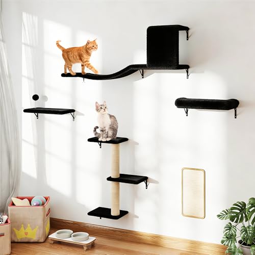 COZIWOW 5Pcs Wall Mount Cat Tree & Shelf Furniture for Large Cats, Black - color: Black